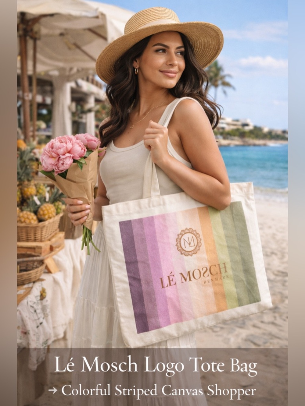 Lé Mosch Denmark Logo Tote Bag Colorful Striped Canvas Shopper
